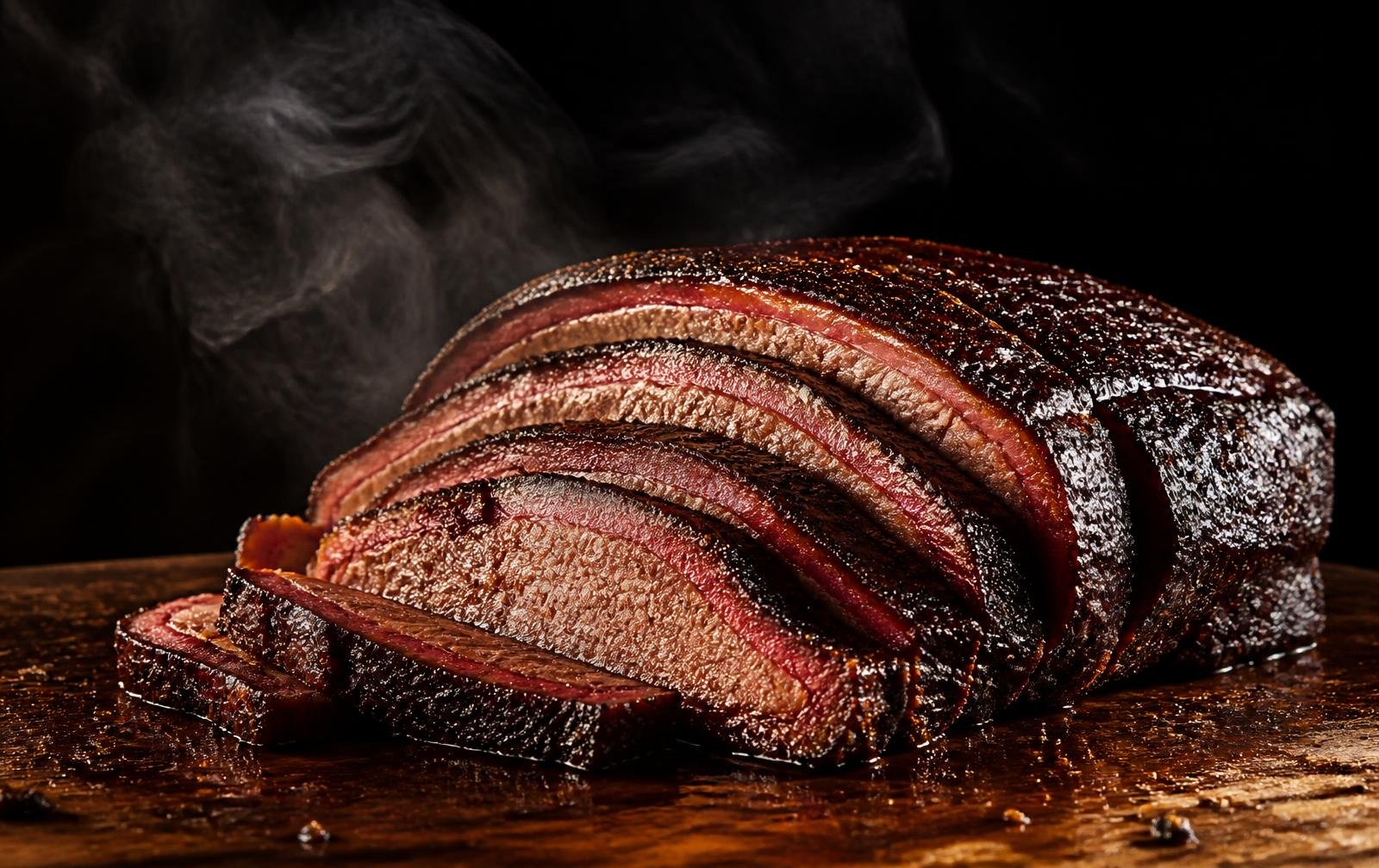 Smoked brisket sliced on a board